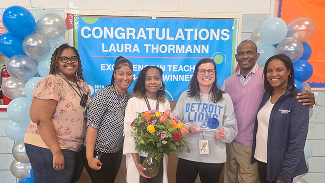 K-8 School in Detroit: Warrendale Charter Academy teacher, Laura Thormann, wins Excellence in Teaching Award.