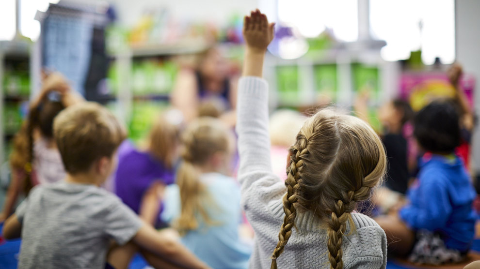 Chandler Woods student raises her hand in class